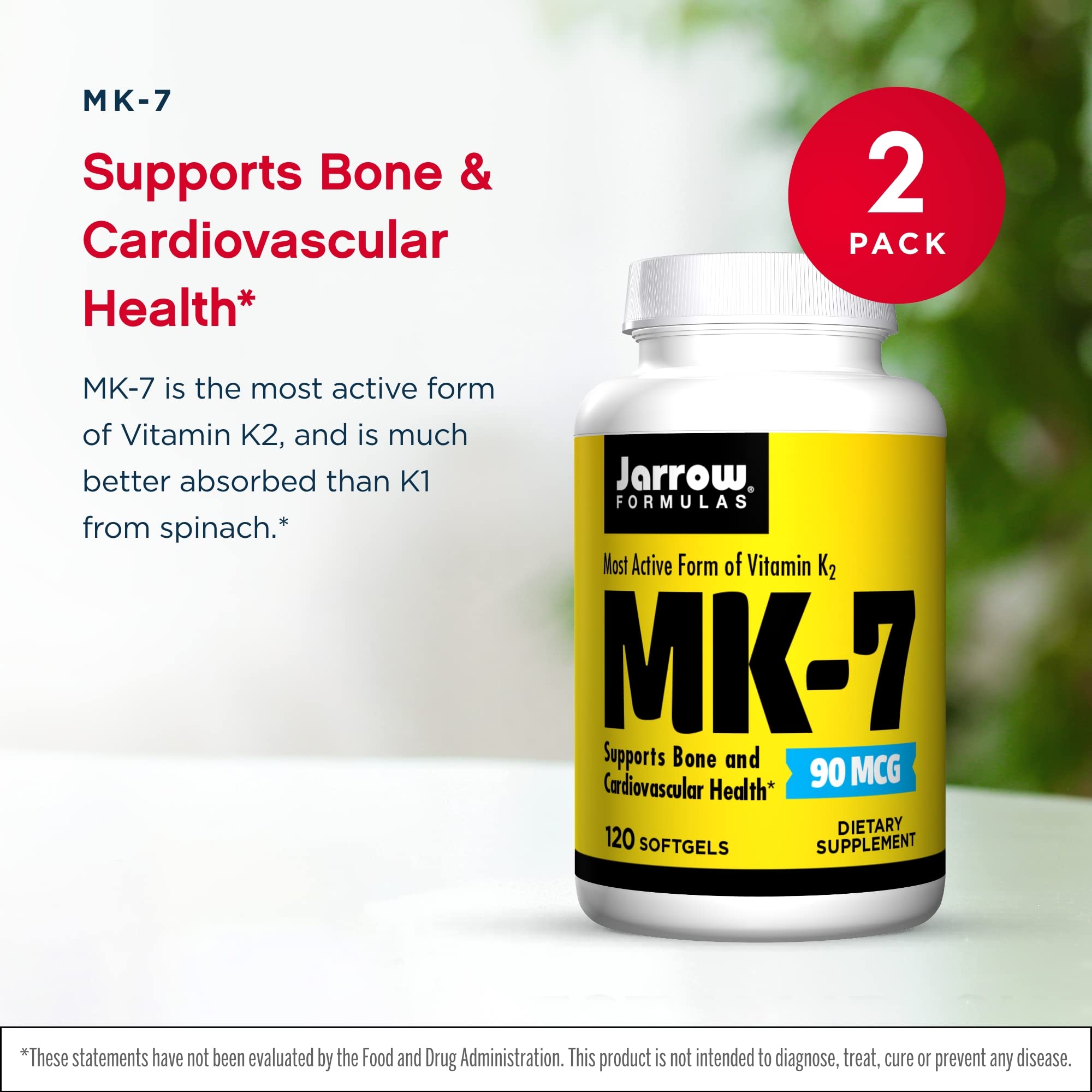 Jarrow Formulas MK-7 90 mcg - 120 Softgels, Pack of 2 - Superior Vitamin K Product for Building Strong Bones - Supports Heart & Cardiovascular Health - 240 Total Servings