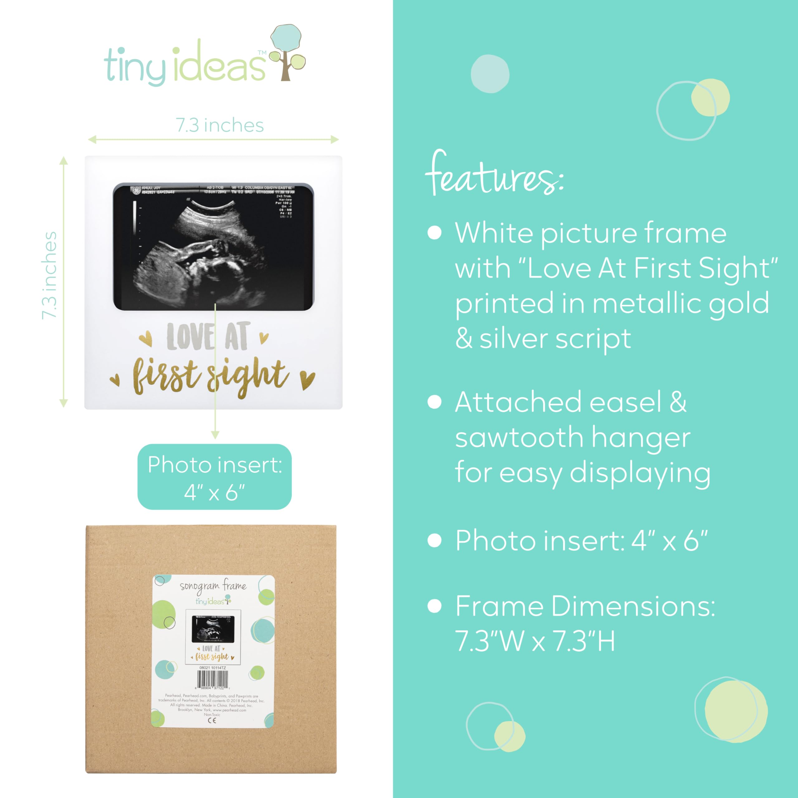 Tiny Ideas Love at First Sight Sonogram Picture Frame, Gender Neutral Ultrasound Keepsake, Ideal Pregnancy Gift, Baby Shower and Nursery Decor, 4” x6” Photo Insert, Gold, Silver And White