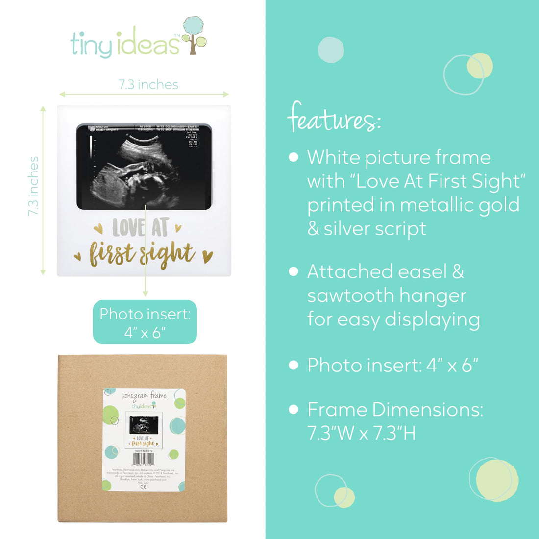 Tiny Ideas Love at First Sight Sonogram Picture Frame, Gender Neutral Ultrasound Keepsake, Ideal Pregnancy Gift, Baby Shower and Nursery Decor, 4” x6” Photo Insert, Gold, Silver And White