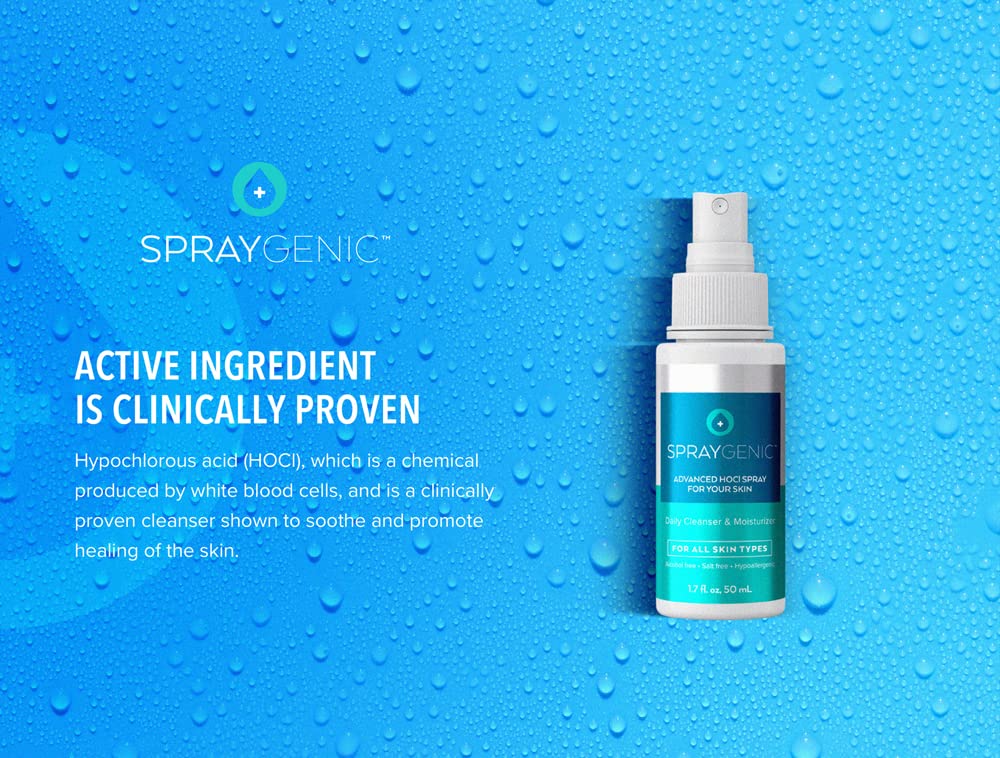 SPRAYGENIC Advanced HOCl Spray For Your Skin, Daily Cleanser & Moisturizer, For All Skin Types, 50ml (1.7 fl oz)