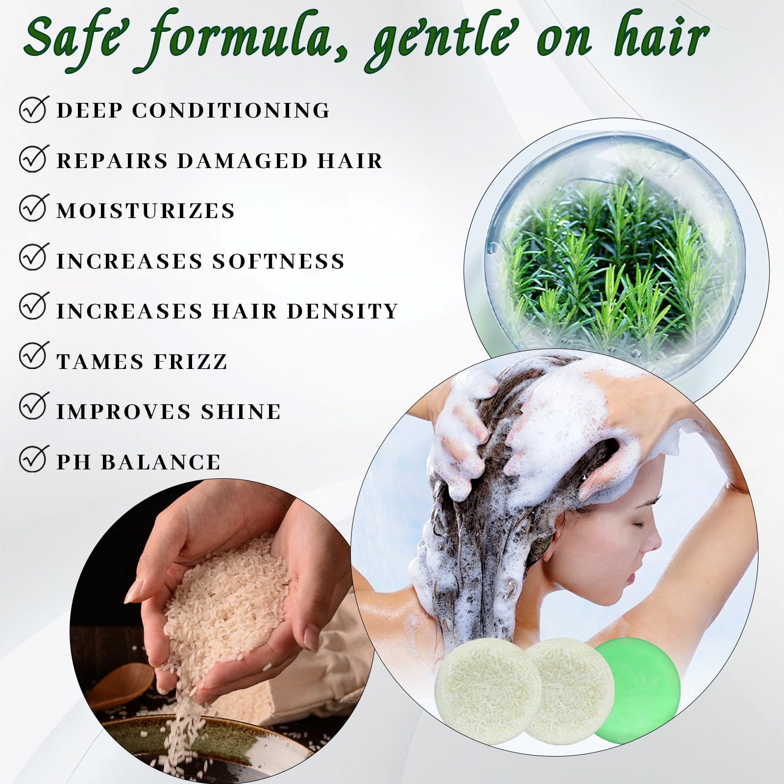 3 PCS Rice Water Shampoo and Rosemary Biotin Conditioner Bar Set for Thinning Hair, Natural Solid Shampoo Soap Bar Oil Control for Men Women Hair Growth Strengthening, Hair Thickening & Regrowth Combo