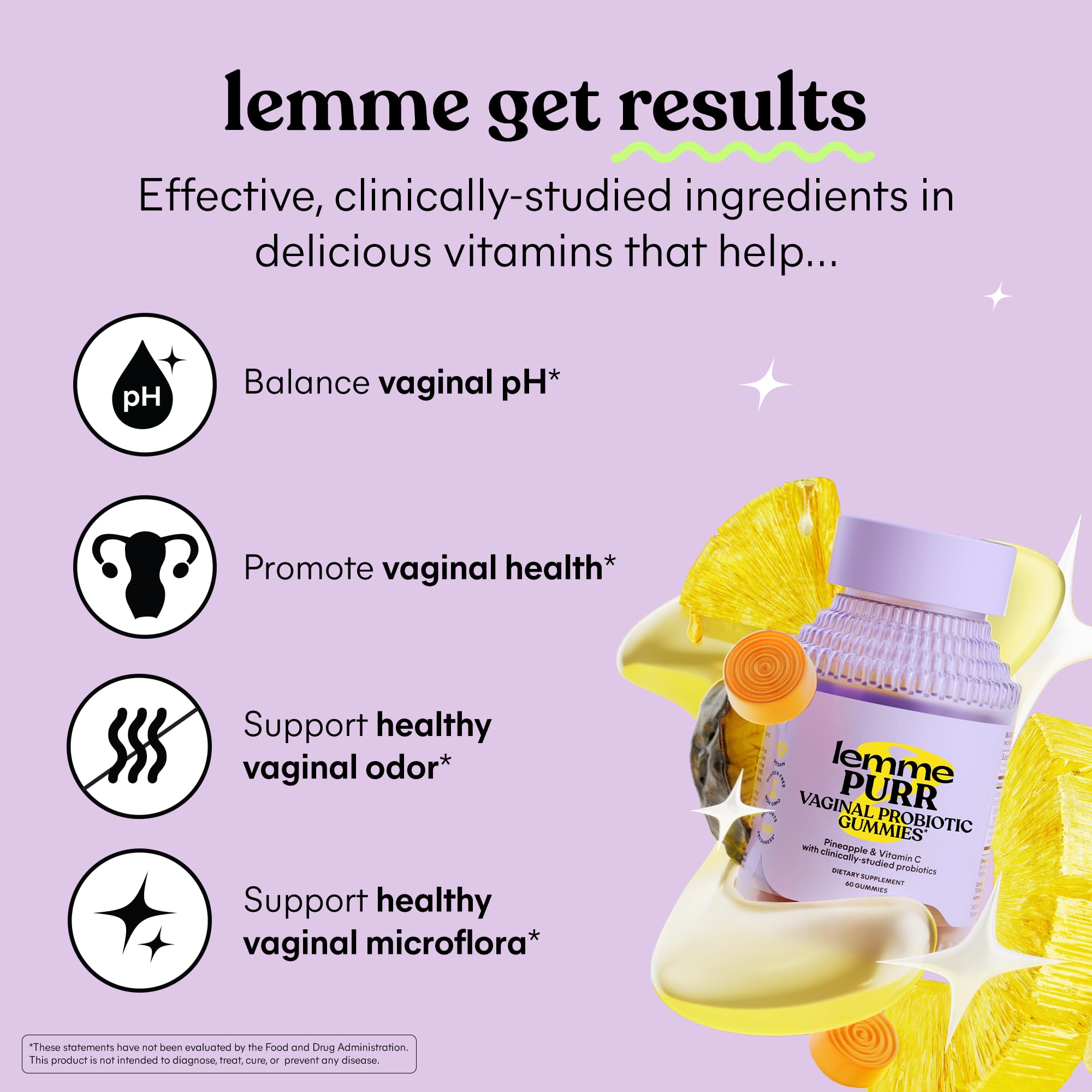 Lemme Purr Vaginal Probiotic Gummies for Women - Balanced pH, Healthy Odor, Yeast Balance & Flora Support + Vitamin C for Immune Health - Tasty Pineapple (60 Count)