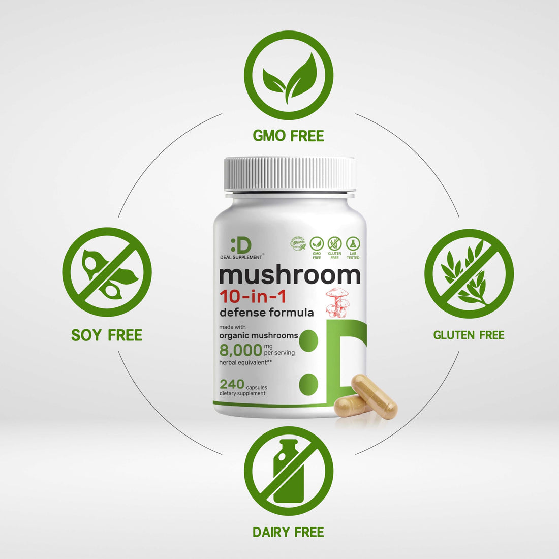 Organic 10-in-1 Mushroom Supplement 8,000mg Per Serving, 240 Capsules – Lions Mane, Turkey Tail, Reishi, Cordyceps & More Mushroom Complex – Immune, Energy & Nootropic Brain Support – Non-GMO