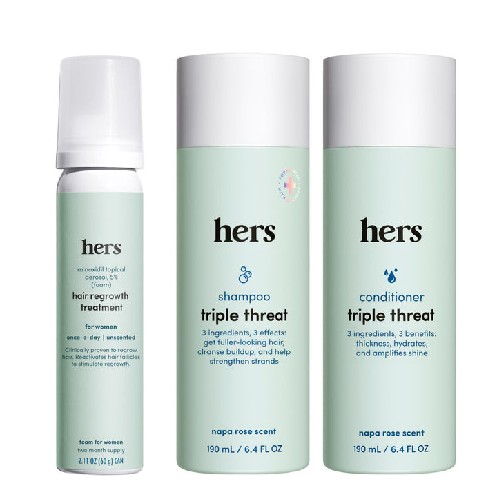 hers Triple Threat Shampoo, Conditioner and Minoxidil Set - Hair Loss Treatment for Women - Includes 5% Foam Minoxidil Treatment, Color Safe Hair Thickening Shampoo and Conditioner - 3 Count