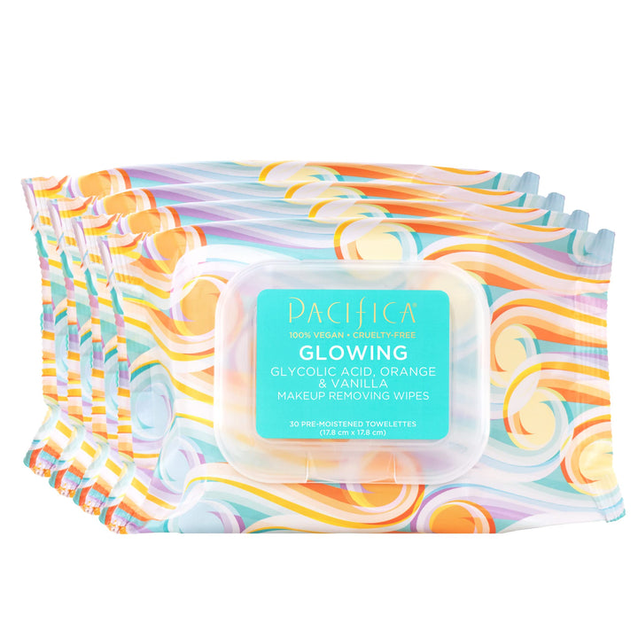 Pacifica Beauty | Glowing Makeup Remover Wipes | Gycolic Acid, Coconut Water, Aloe Infused | Daily Cleansing + Exfoliating | Clean Skin Care | Plant Fiber Facial Towelettes | Vegan + Cruelty Free