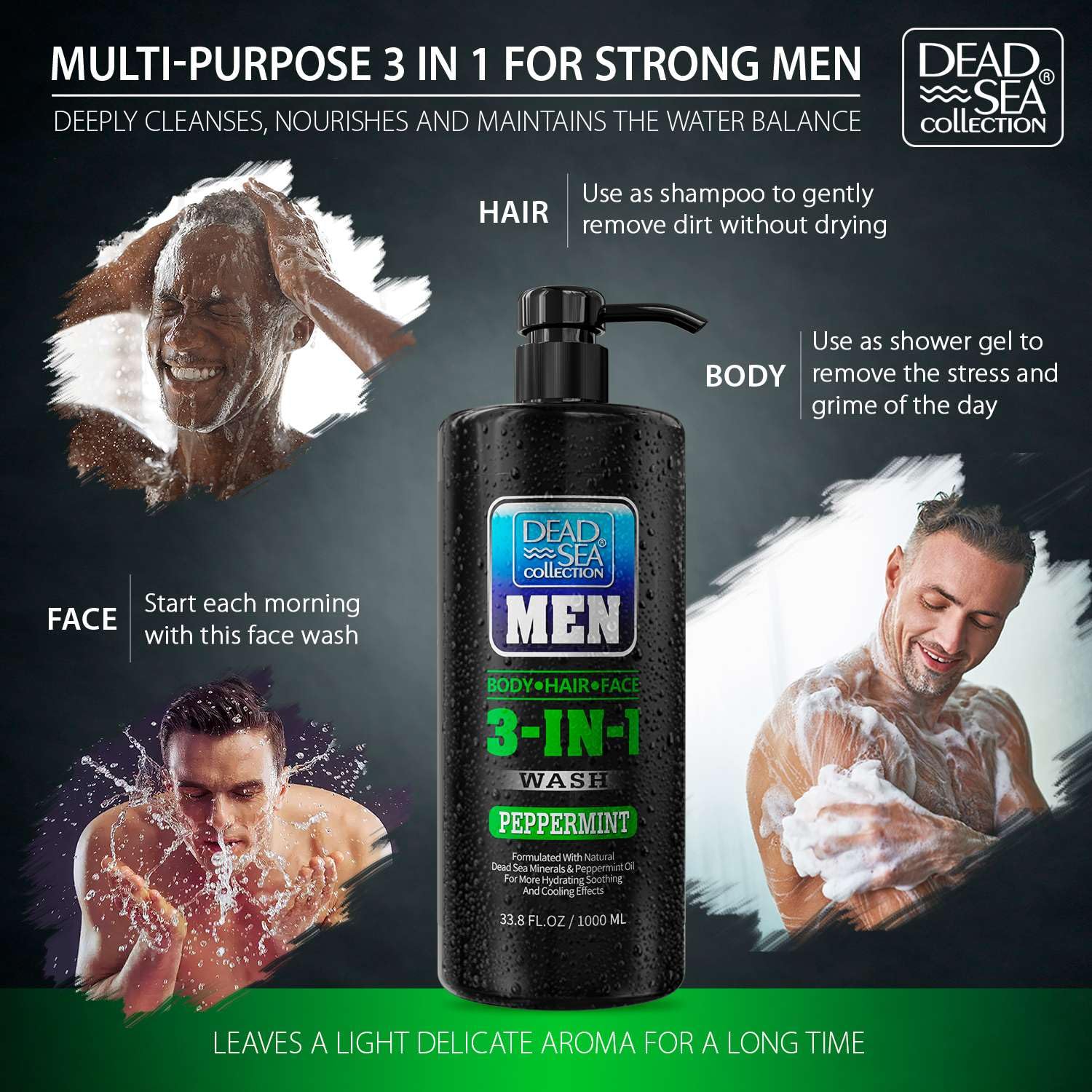 Dead Sea Collection Mens Body Wash 3 in 1 – Peppermint Body Wash for Men – Shower Gel – Shampoo – Shower Soap for Face and Hair – Pack of 2 Bottles (33.8 Fl. Oz. Each)