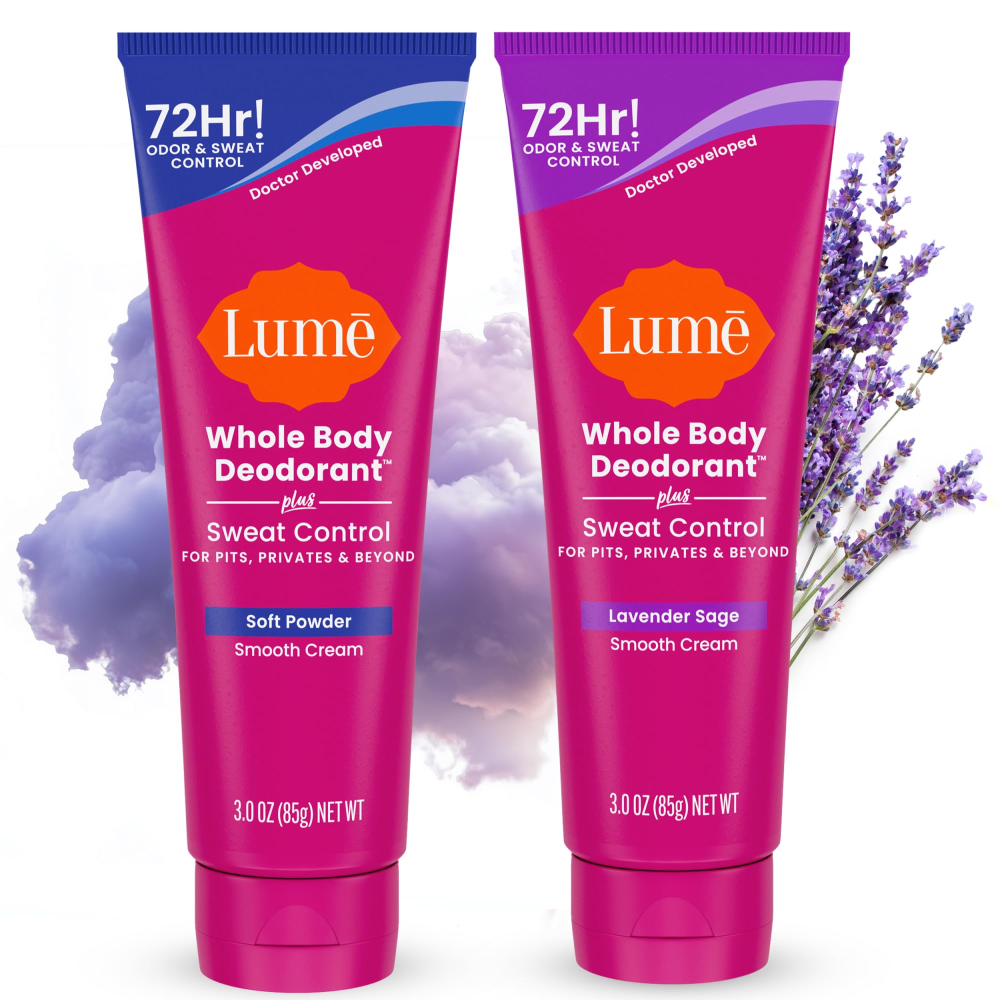 Lume Whole Body Deodorant Plus Sweat Control - Smooth Cream Tube - 72 Hour Odor And Sweat Control - Baking Soda Free, Skin Loving - 3.0 ounce (Pack of 2) (Soft Powder & Lavender Sage)
