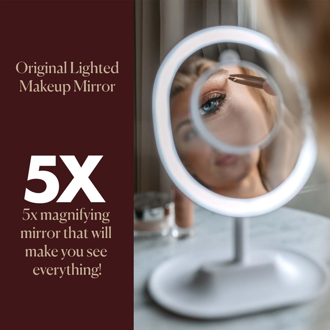 Browgame Original Lighted Makeup Mirror - LED Touch Sensor Mirror; Arrives With 5X Mini Mirror Magnet Accessory - Your New Favorite Vanity Accessory - Bright, Adjustable LED Light Technology - 1 Pc