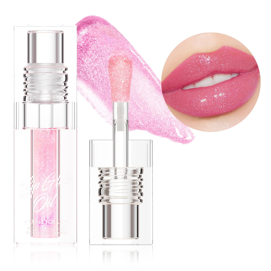 Hydrating Lip Glow Oil, Glitter Pink Plumping Tinted Gloss for Women & Girls, Moisturizing Non-Sticky Smooth Lacquer with Big Brush for Daily Use & Events, Lip Care lipgloss for Dry Lips(Pink, 1 pcs)