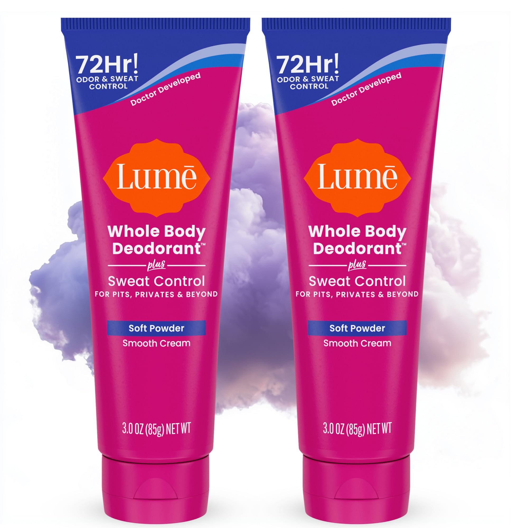 Lume Whole Body Deodorant Plus Sweat Control - Smooth Cream Tube - 72 Hour Odor And Sweat Control - Baking Soda Free, Skin Loving - 3.0 ounce (Pack of 2) (Soft Powder)