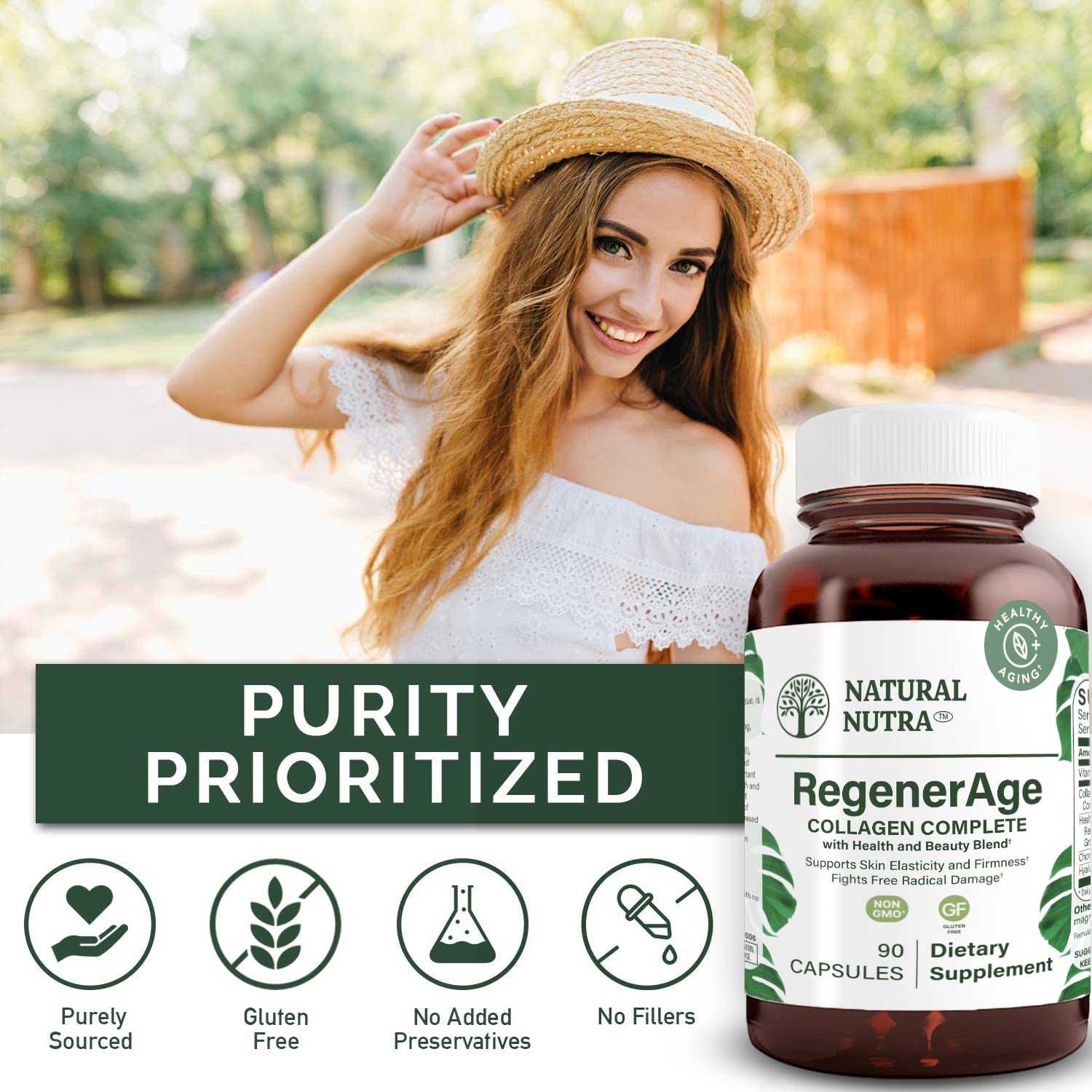 Natural Nutra RegenerAge Complete Supplement for Skin Health with Protein Peptides, Reduce Stretch Marks, Contributes Overall Health, Vitamin C, Grape Seed Red Wine Extract, Gluten Free, 90 Capsules.
