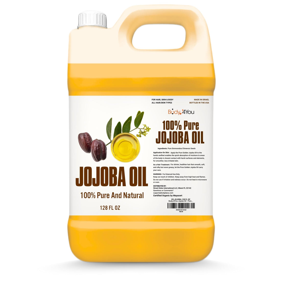 BodyJ4You Jojoba Oil - Organic USDA 100% Pure Natural - Moisturizing Oil Face, Hair, Skin Nails - Cold Pressed, Unrefined, Anti-Aging - Men Women All Skin Types - Bulk 128 Fl Oz