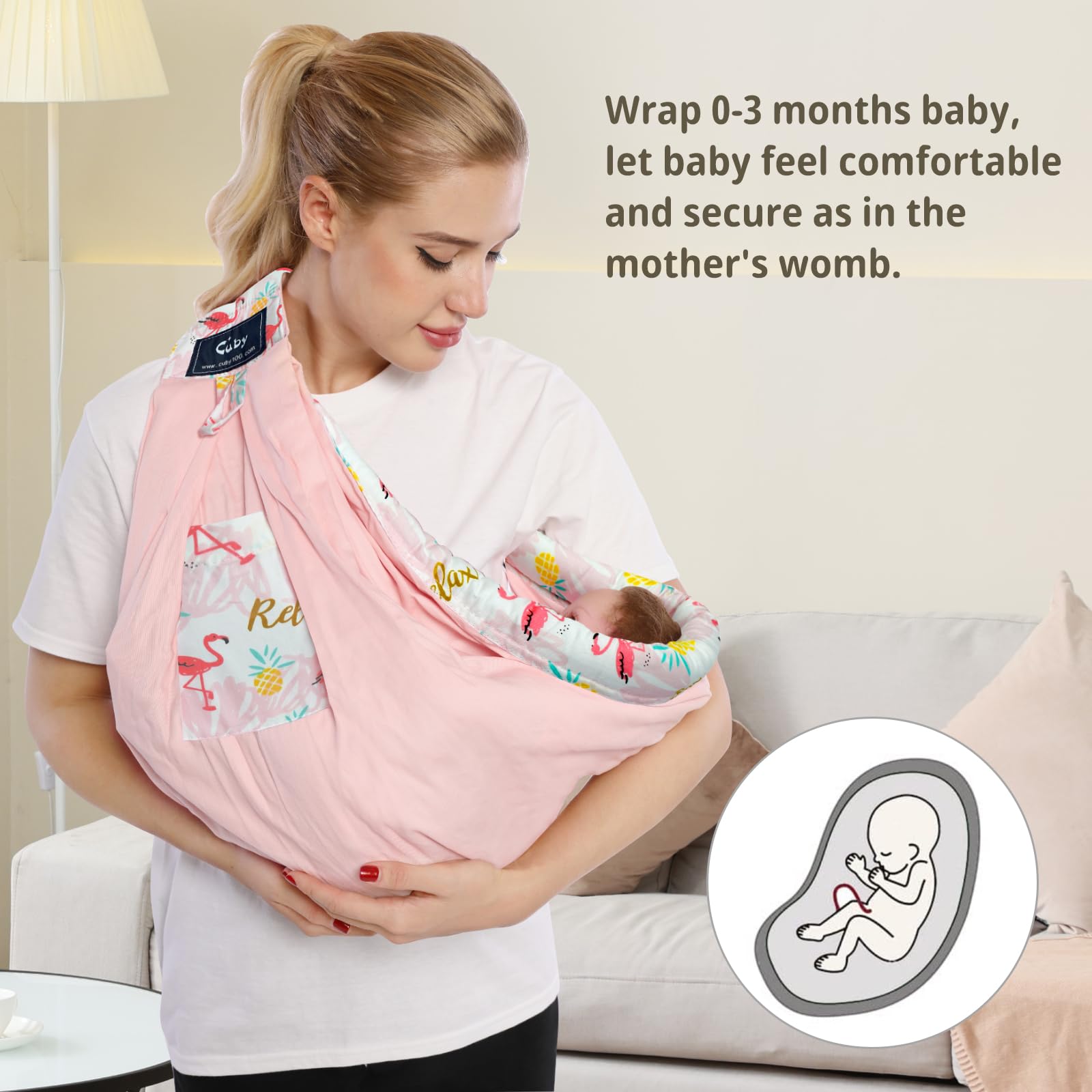 Baby Carrier by Cuby, Natural Cotton Baby Wraps Sling Baby Holder Extra Comfortable for Easy Wearing Carrying for Newborn, Soft and Adjustable Newborn and Toddler Carrier Slings (Pink Flamingo)