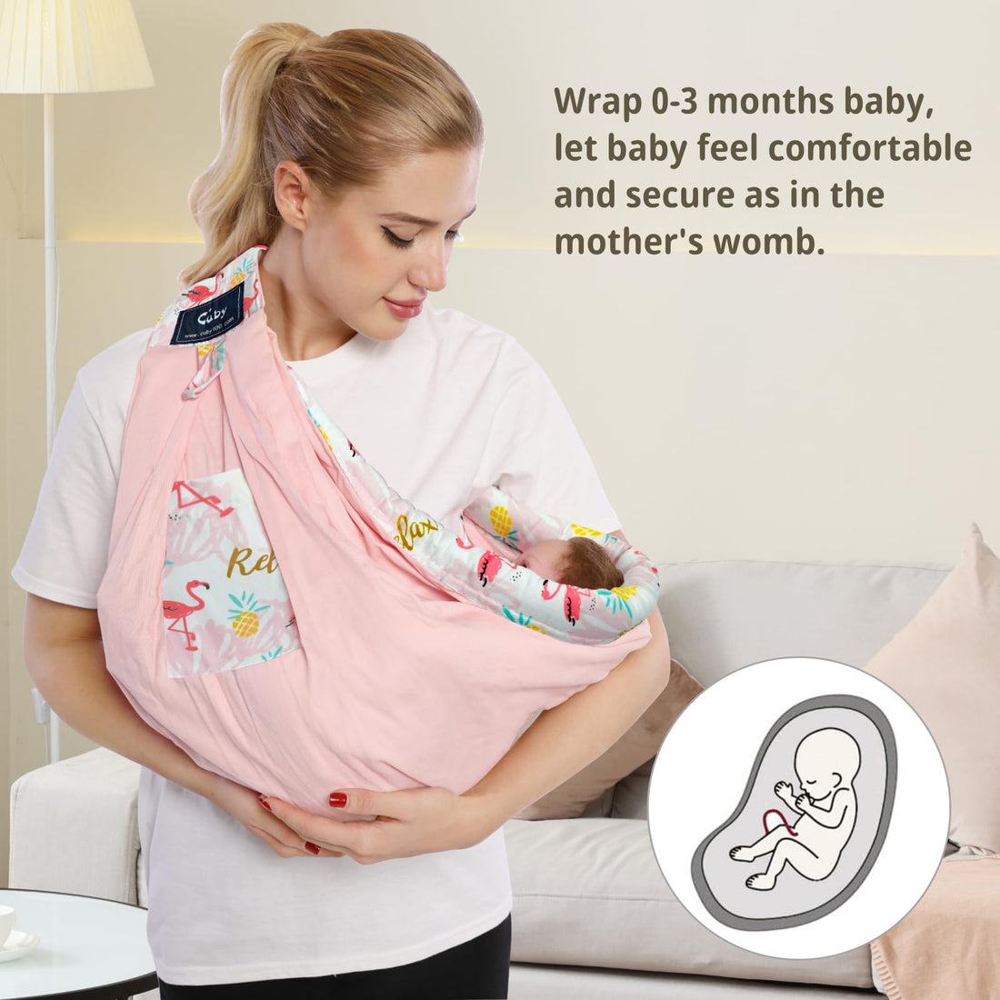 Baby Carrier by Cuby, Natural Cotton Baby Wraps Sling Baby Holder Extra Comfortable for Easy Wearing Carrying for Newborn, Soft and Adjustable Newborn and Toddler Carrier Slings (Pink Flamingo)