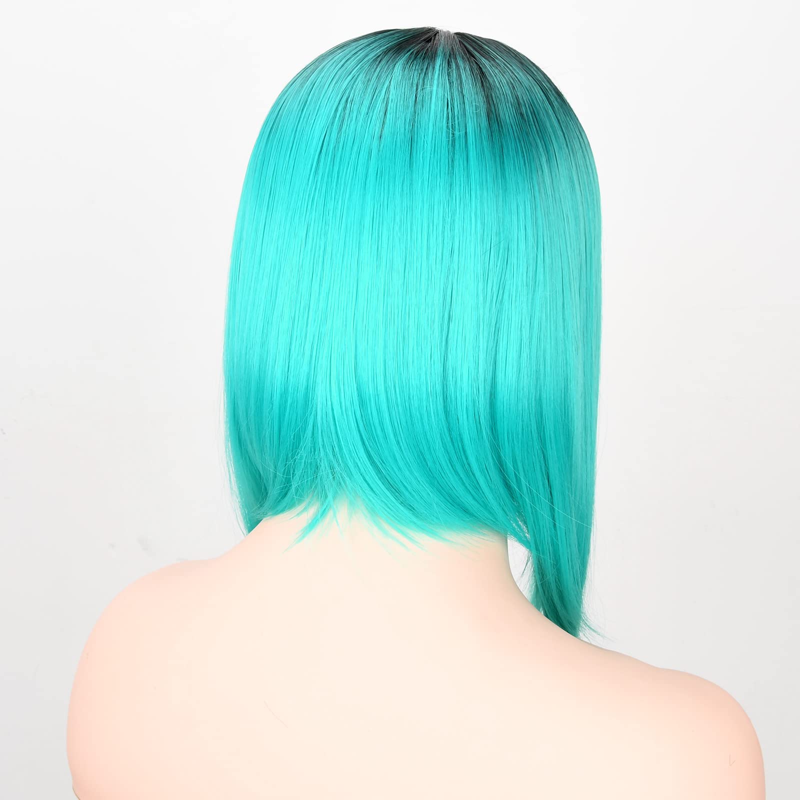 #1B/Blue: Ahairbeauty Ombre Color Short Bob Straight Synthetic None Lace Hair Wigs Dark Roots For Women (Black &Aqua Blue) (#1B/Blue)