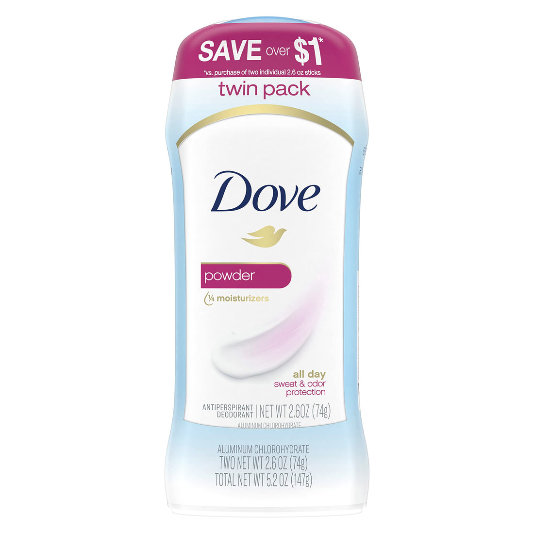 Dove Invisible Solid Antiperspirant Deodorant Stick for Women, Powder, For All Day Underarm Sweat & Odor Protection 2.6 oz 2 Count