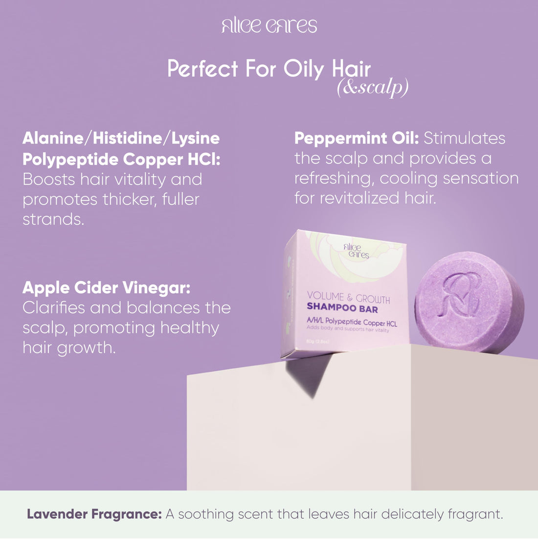 Alice Cares Volume & Growth Shampoo Bar - with Apple Cider Vinegar and Peppermint Oil - Boosts Body and Hair Fullness.