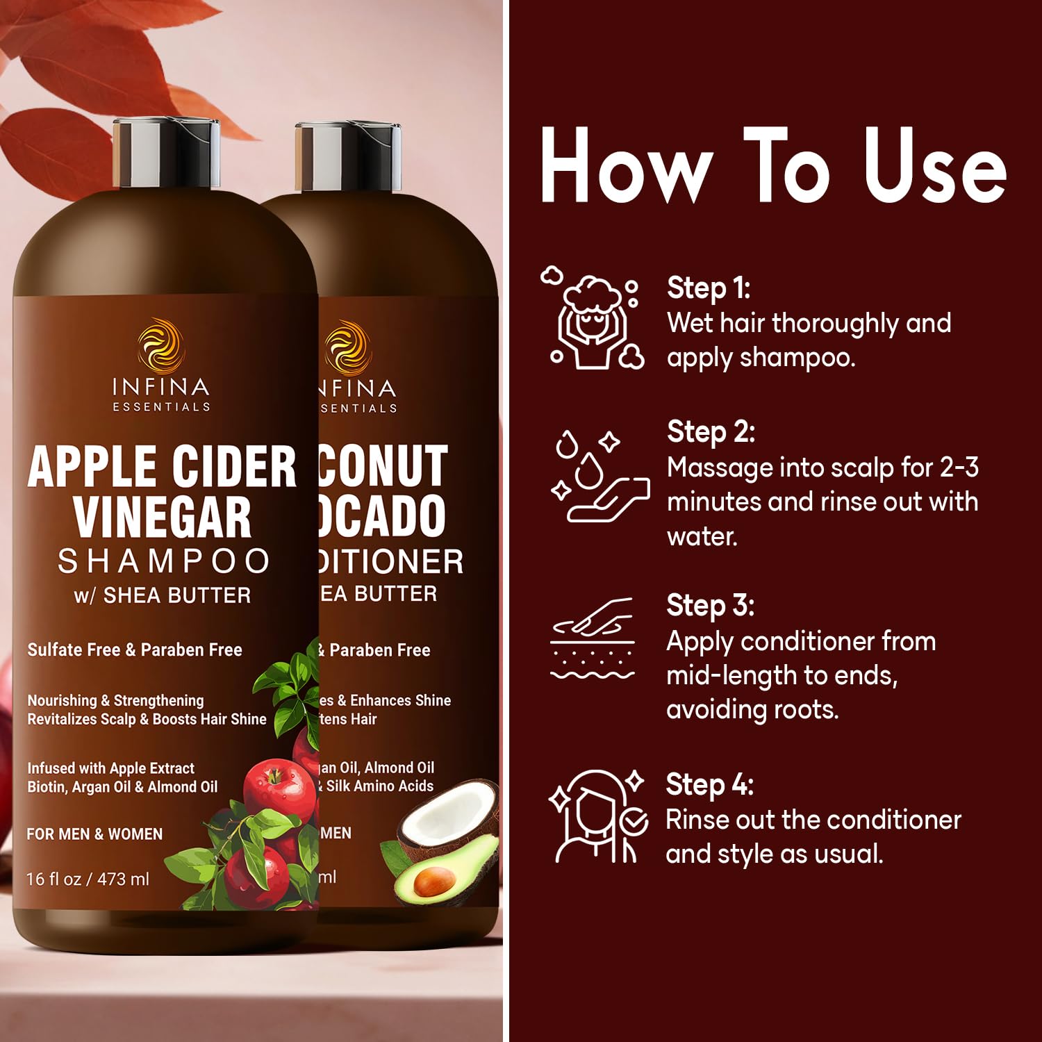 Apple Cider Vinegar Shampoo and Conditioner Set Sulfate Free for Men & Women - Itchy Scalp Shampoo w/Moisturizing Coconut Avocado Conditioner - Loc Shampoo and Conditioner for Dreads, 16 fl oz each