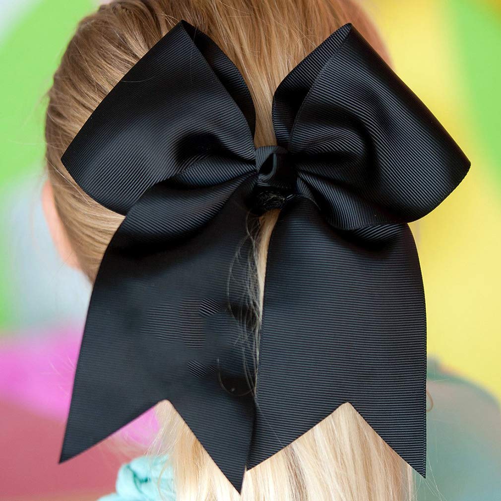 Aileam 12-Black: 12 Pcs Large Cheer Bows 8 Bulk Hair Bow Accessories With Ponytail Holder For Girls High School College Cheerleading