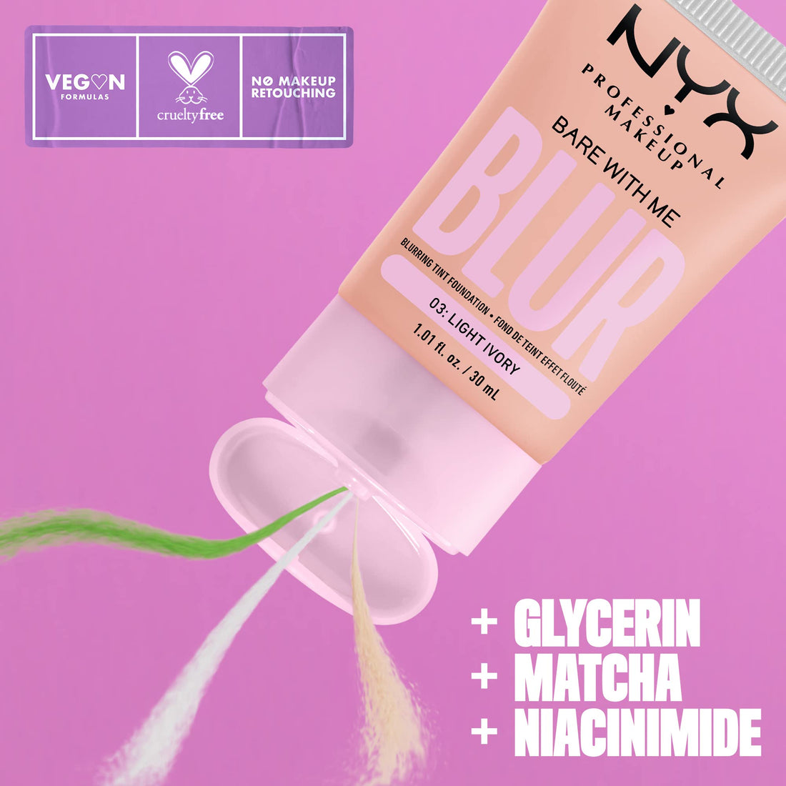 NYX PROFESSIONAL MAKEUP Bare With Me Blur Skin Tint Foundation Make Up with Matcha, Glycerin & Niacinamide - Light Ivory