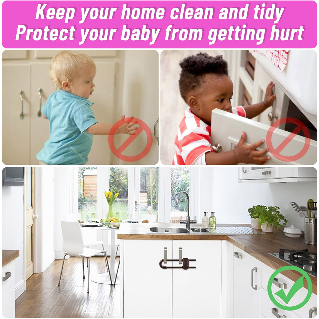 12 Packs Baby Proofing Sliding Cabinet Locks modacraft U-Shaped Child Safety Latches Adjustable White Locks for Handles Knobs Drawers Closet Cupboard - Brown