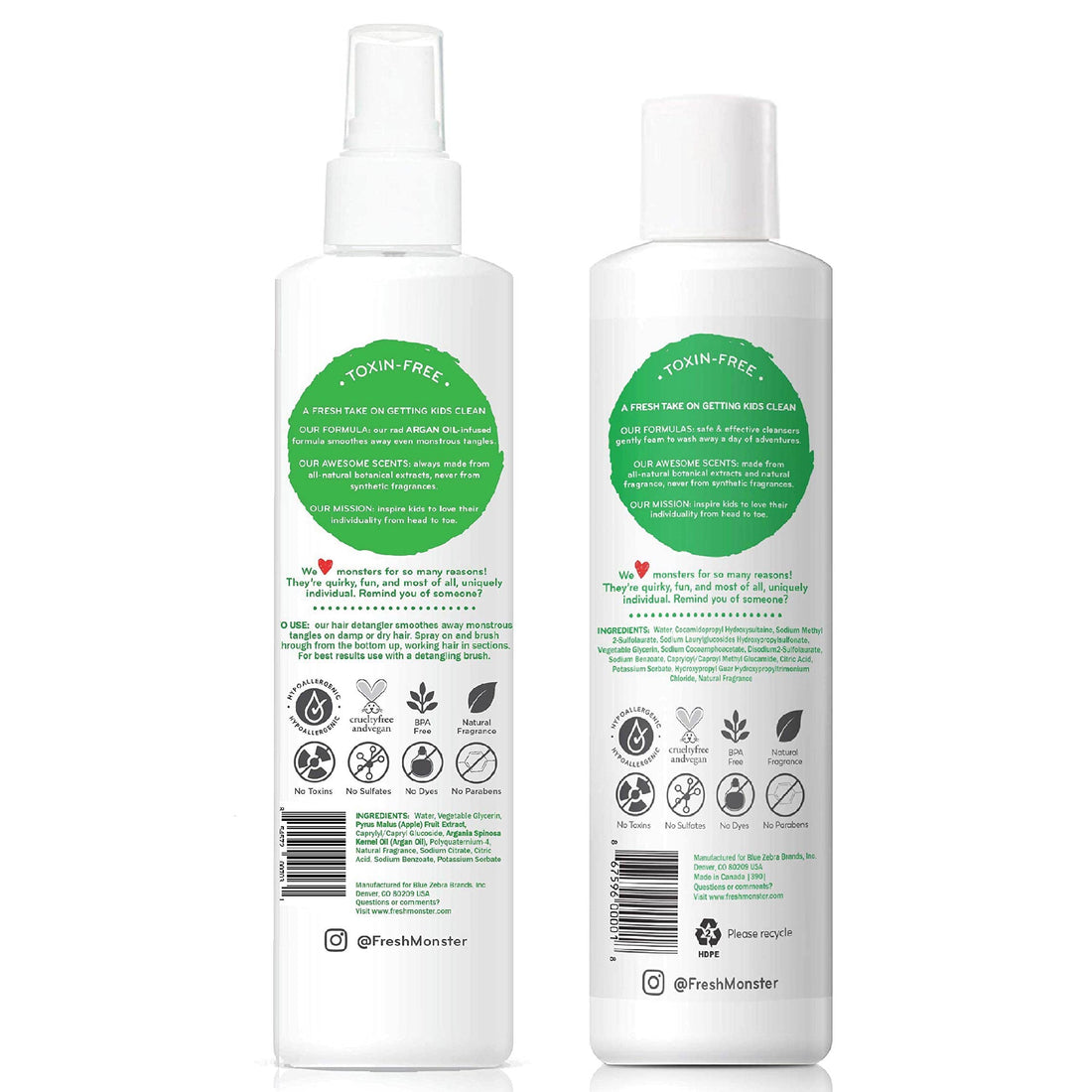 Fresh Monster Toxin-free Hypoallergenic Kids Detangler Spray & 2in1 Shamoo & Conditioner, Coconut, 2 Count, 8 oz