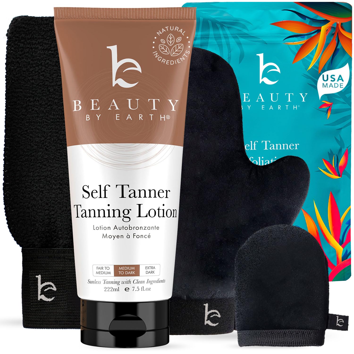 Self Tanner & Tanning Application Kit - Bundle of Sunless Tanning Lotion Made With Natural & Organic Ingredients, Exfoliation Mitt, Body and Face Applicator Glove for a Professional Self Tan