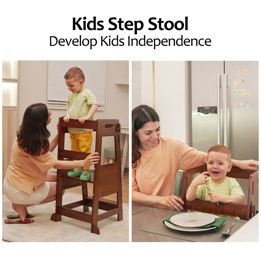 TOETOL Bamboo Toddler Kitchen Step Stool Helper Standing Tower Height Adjustable with Anti-Slip Protection