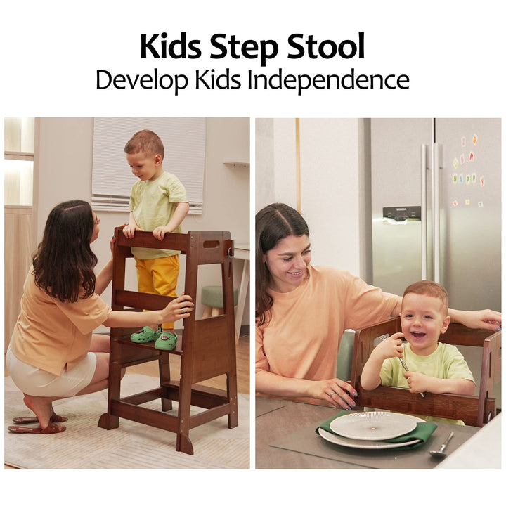 TOETOL Bamboo Toddler Kitchen Step Stool Helper Standing Tower Height Adjustable with Anti-Slip Protection