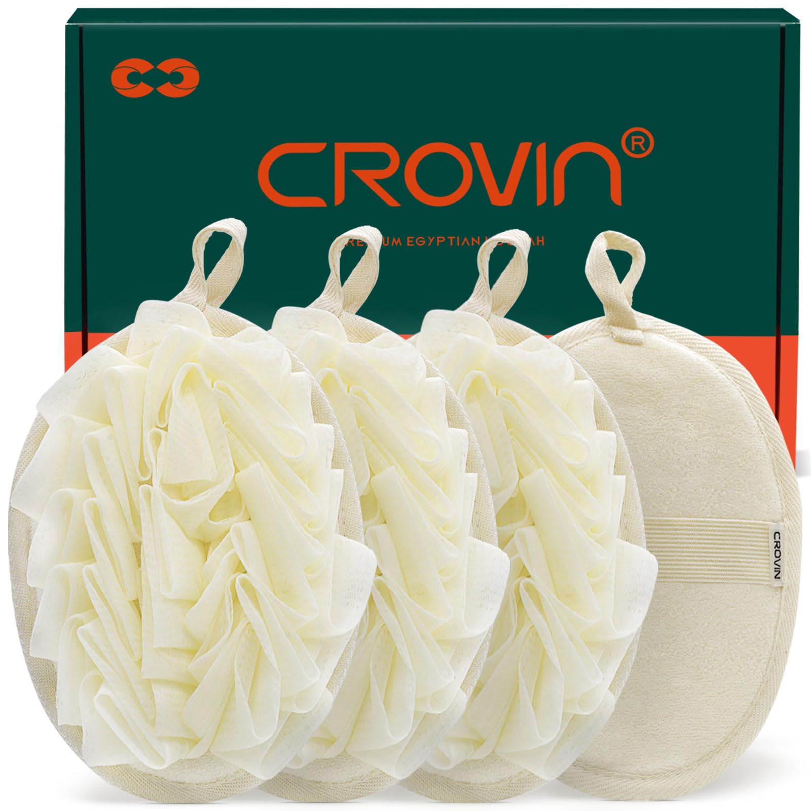 Crovin Bath Shower Pouf Sponge-4 Packs Eco-Friendly Exfoliating Mesh Pouf Sponge-Large 5X7 Premium Loofah Shower Scrubber For Men And Women-Elastic Hand Strap Body Brush To Soothe, Cleanse Your Skin