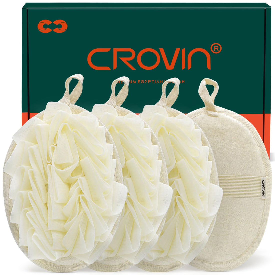 Crovin Bath Shower Pouf Sponge-4 Packs Eco-Friendly Exfoliating Mesh Pouf Sponge-Large 5X7 Premium Loofah Shower Scrubber For Men And Women-Elastic Hand Strap Body Brush To Soothe, Cleanse Your Skin