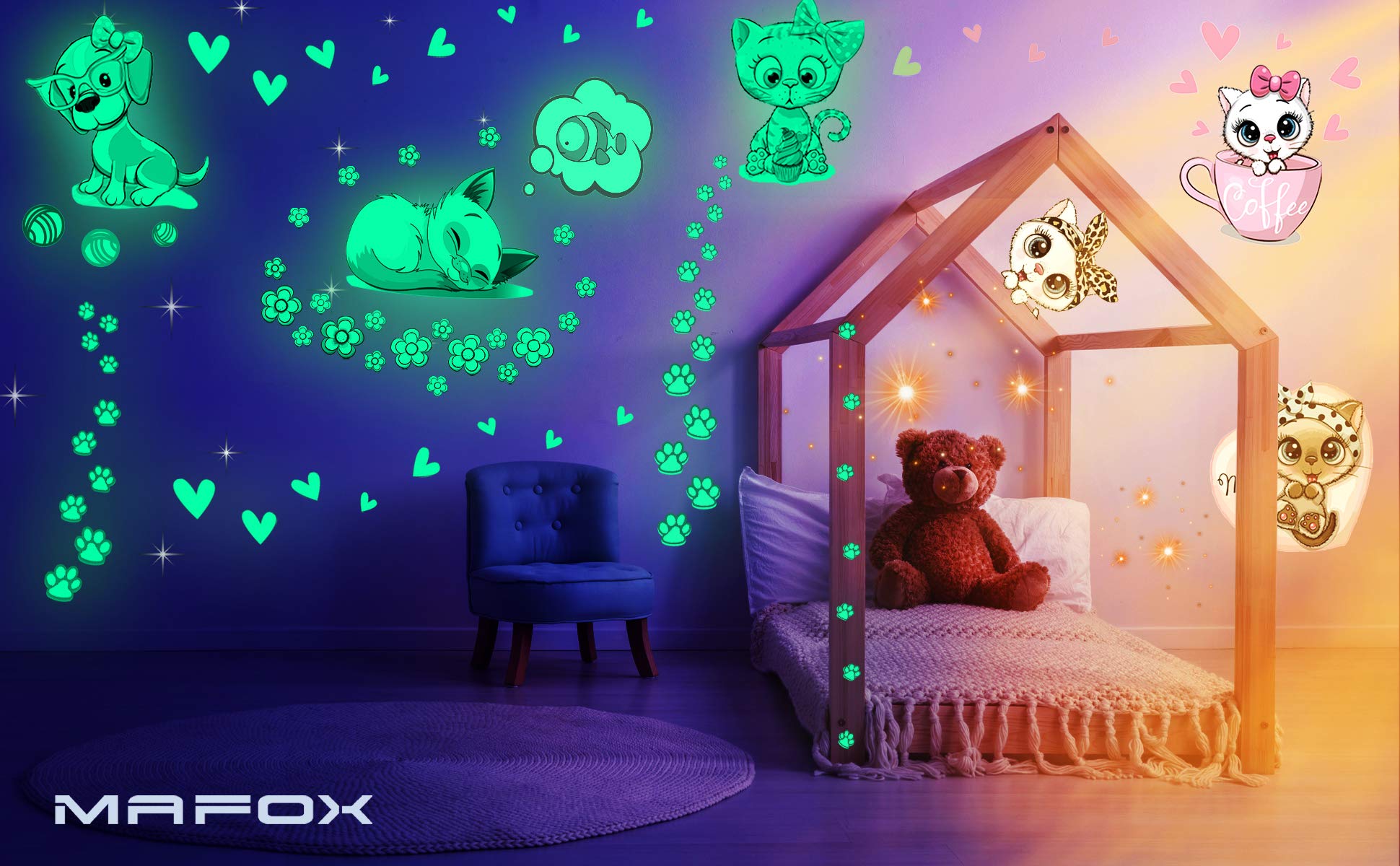 Glow in The Dark Cat Stickers with Dog and Fish, Wall Decals Sticker for Kids Bedding Room, Great for Birthday Gift Glowing Cat for Girls and Boys