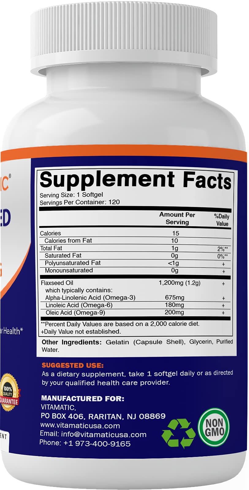 Vitamatic Flaxseed Oil 1200mg 120 from Cold Pressed Flax Seed - 675 mg of ALA Omega 3 Fatty Acids for Improving Heart Health
