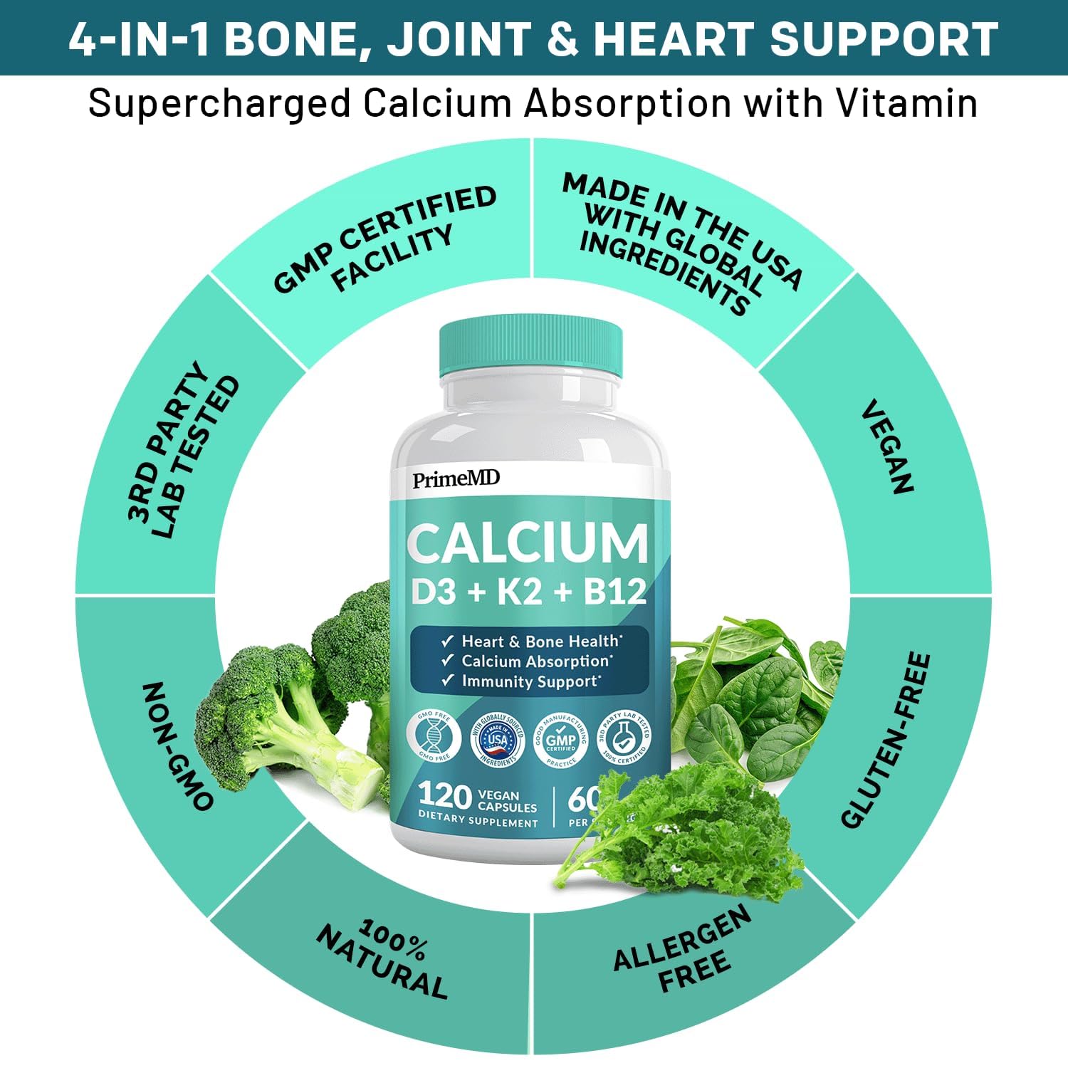 4-in-1 Calcium Supplements for Women and Men - Calcium 600mg with Vitamin D3 K2 5000 IU Supplement for Heart, Bone and Body Defenses - Gluten-Free, Vegan-Friendly (120 ct)