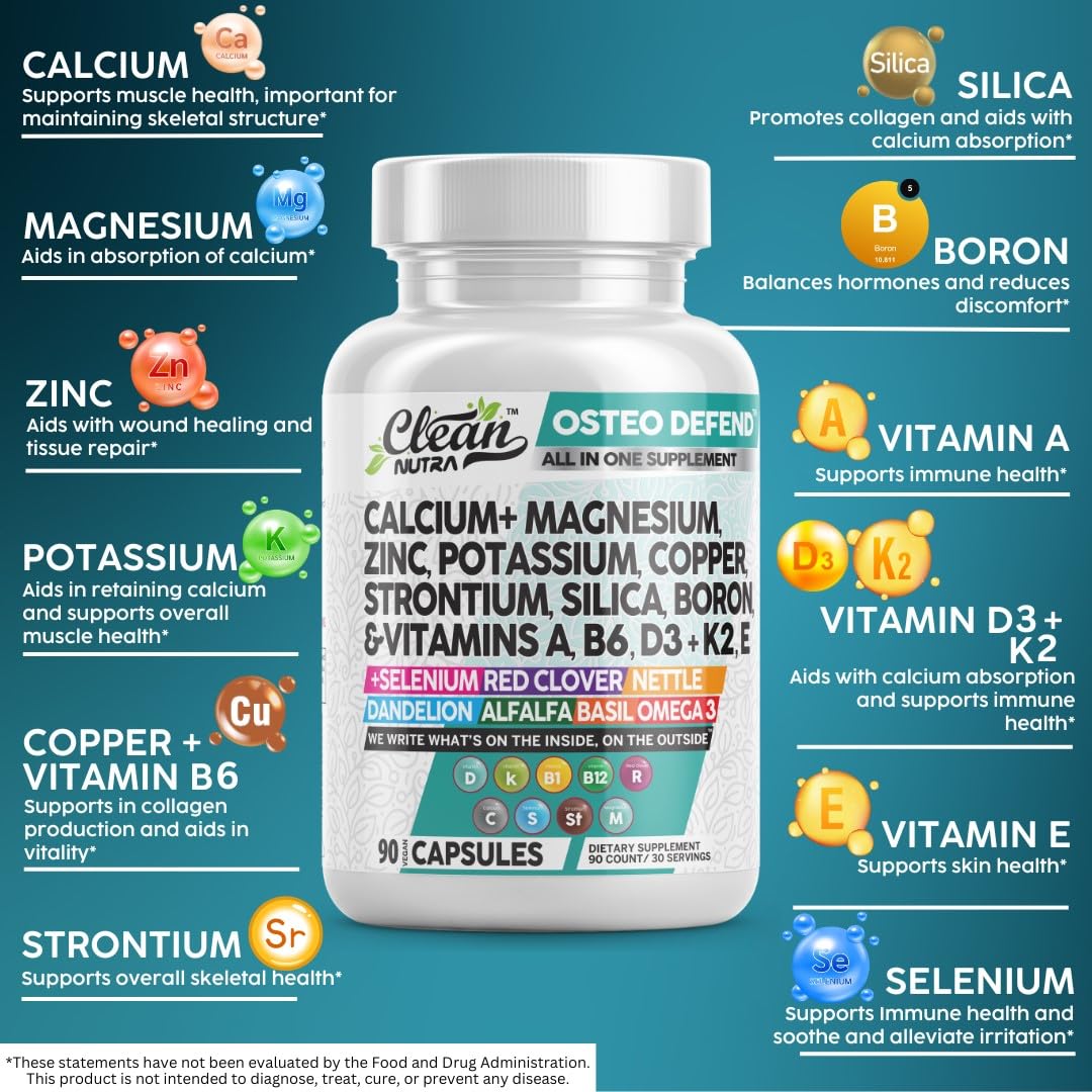 Clean Nutraceuticals Calcium Magnesium Zinc Supplement with Potassium, Copper, Strontium, Silica, Vitamin D3 K2, Boron, Vitamin B1 B12 Red Clover Herb Alfalfa Basil Pills for Men & Women Osteo Defend