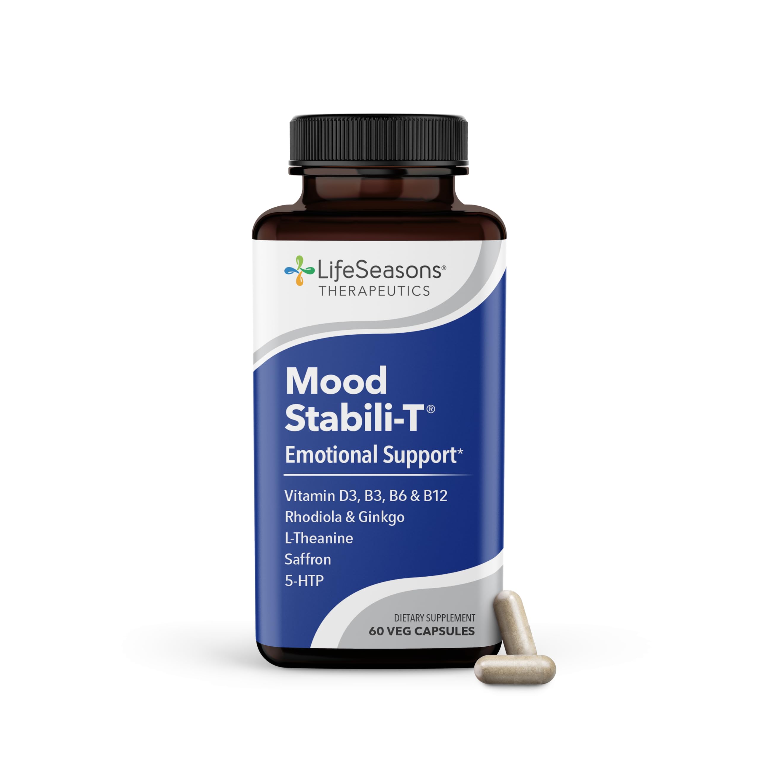 LifeSeasons Mood Stabili-T - Emotional Support - Stabilizes & Balances Mood - Evokes Calmness Relaxation & Happiness - Stress Relief + Relax Mind - Rhodiola, Ginkgo Biloba & Vitamin D3-60 Capsules