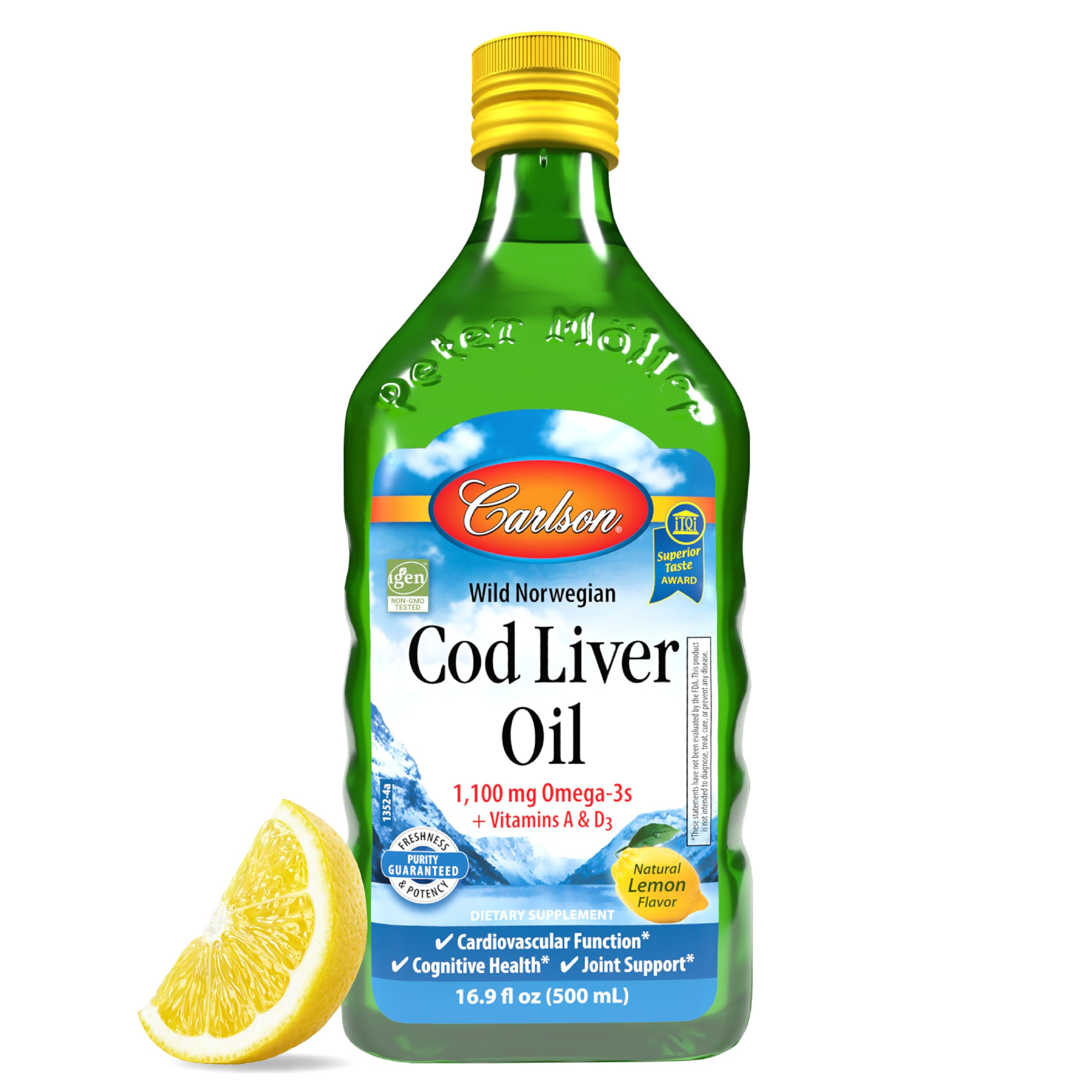 Carlson - Cod Liver Oil, 1100 mg Omega-3s, Liquid Fish Oil Supplement, Wild-Caught Norwegian Arctic , Sustainably Sourced Nordic Fish Oil Liquid, Lemon, 500 ml