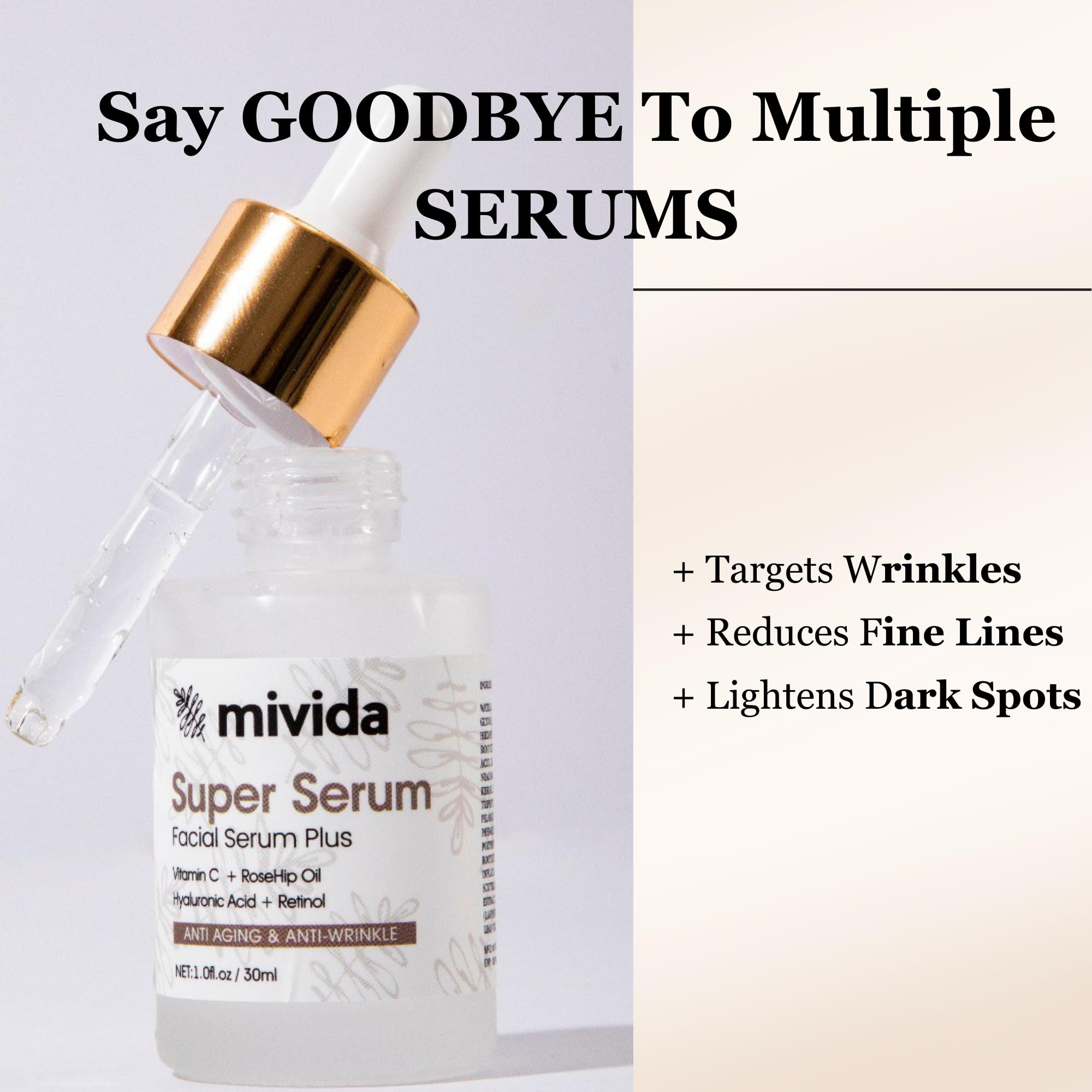 mivida Anti-Aging Super Serum with Retinol, Hyaluronic-Acid, Rosehip Oil, Vitamin C | All-In-One Face Serum For Wrinkles, Fine Lines, Dark Spot | 1oz