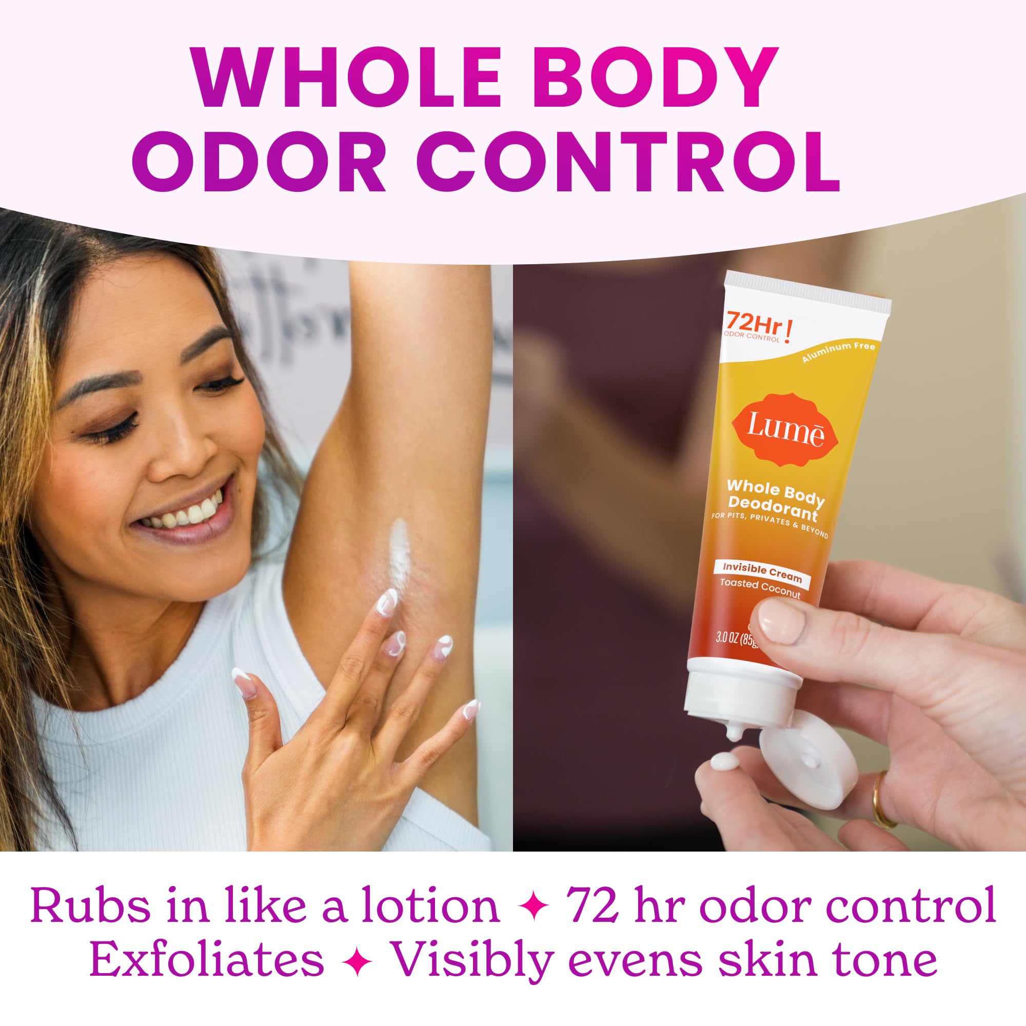 Lume Whole Body Deodorant - Invisible Cream Tube and Solid Stick - 72 Hour Odor Control - Aluminum Free, Baking Soda Free, Skin Safe - 3.0 Ounce 2.6 Ounce Bundle (Toasted Coconut)