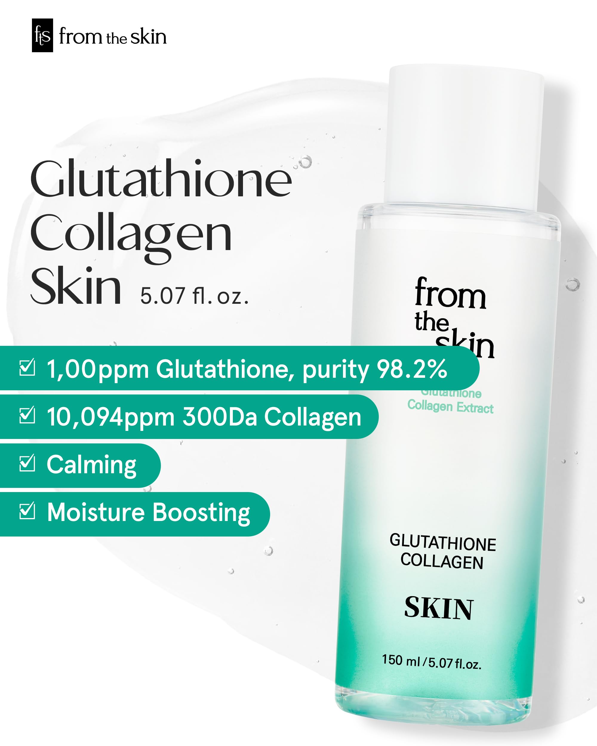 FROM THE SKIN Glutathione Collagen Skin - Face Water Essence Toner, Evens Skin Tone, Refreshing, Nourishing, Fast-Absorbing for Smooth, Hydrated Sensitive Skin, 5.3 fl.oz.
