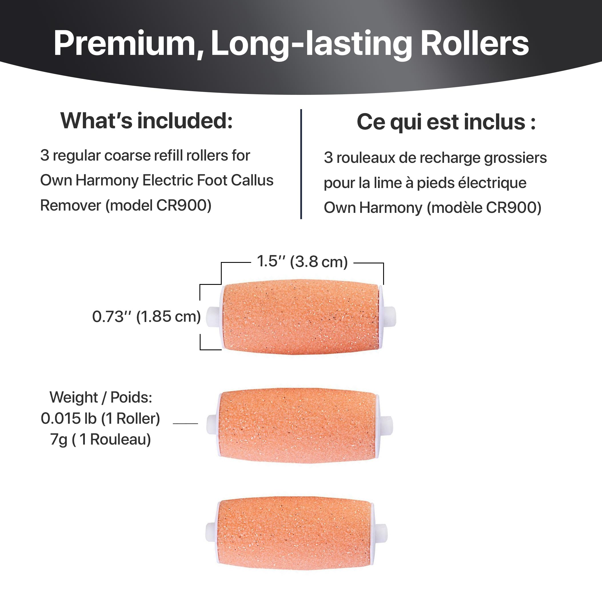 Refill Rollers by Own Harmony for Electric Callus Remover CR900 - Foot Care for Healthy Feet - Best Pedicure File Tools - Refills 3 Pack Regular Coarse Replacement Roller (Peach)