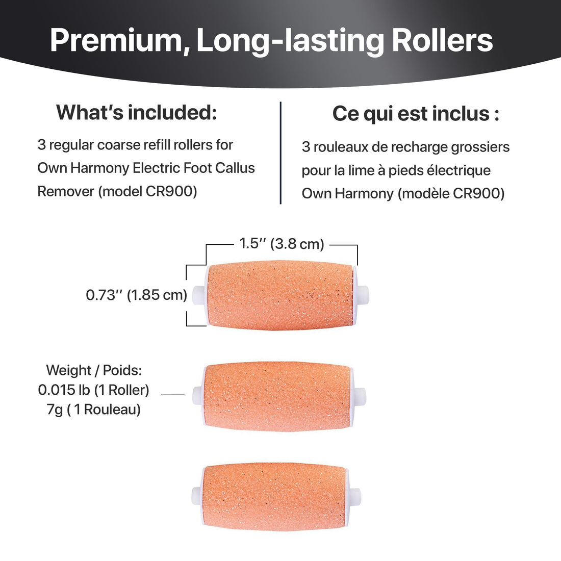 Refill Rollers by Own Harmony for Electric Callus Remover CR900 - Foot Care for Healthy Feet - Best Pedicure File Tools - Refills 3 Pack Regular Coarse Replacement Roller (Peach)