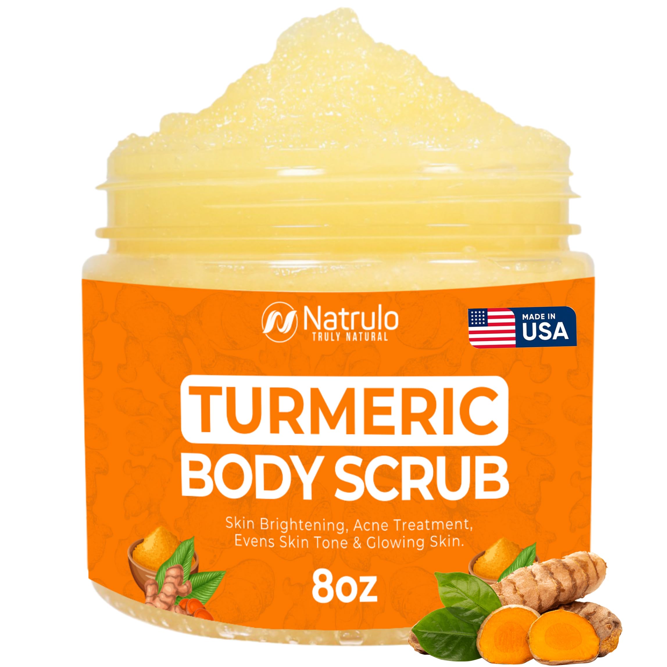 Turmeric Body Scrub – All-Natural Exfoliating Skin Brightening Face Scrub for Hyperpigmentation – Boosts Circulation, Evens Skin Tone, & Removes Toxins – Skincare for Glowing Skin, 8oz Made in USA