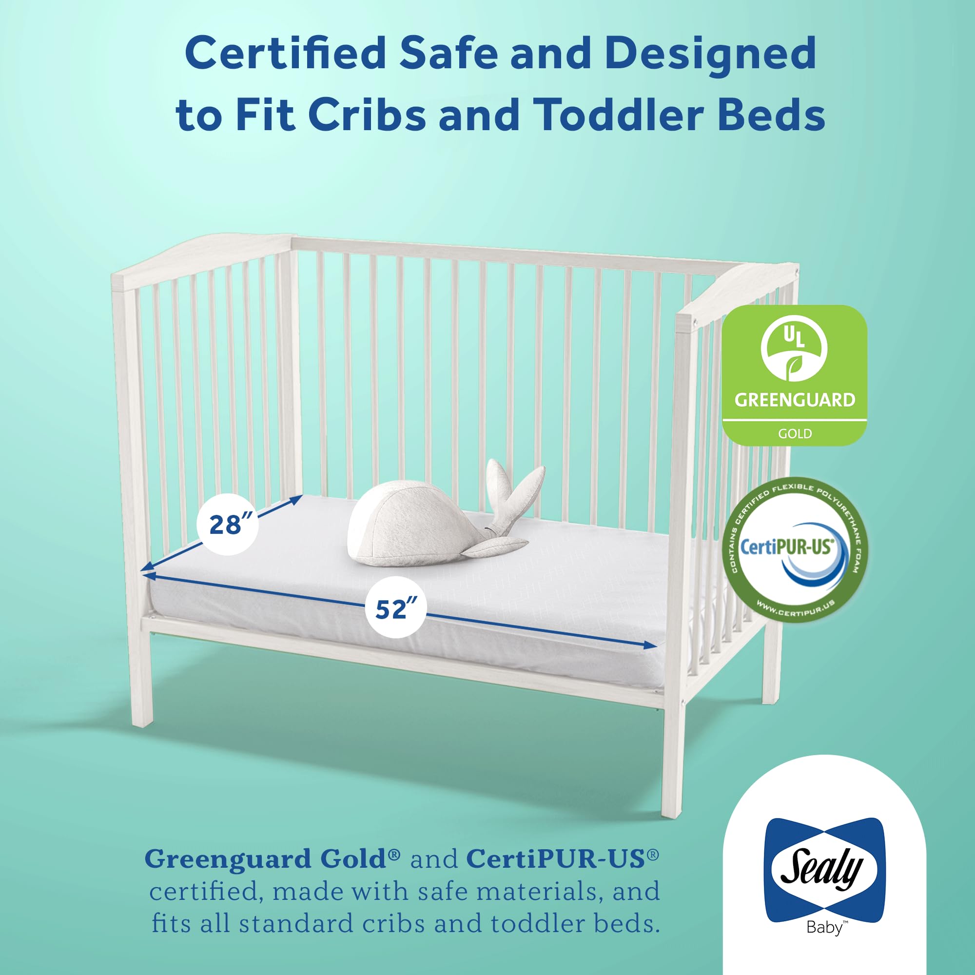 Sealy Baby Posturepedic Grace Hybrid - Firm 2-Stage Crib Mattress with Breathable Waterproof Barrier - GREENGUARD Gold Certified, Soy-enhanced Foam for Infants and Toddlers, Made in the USA (52x28)
