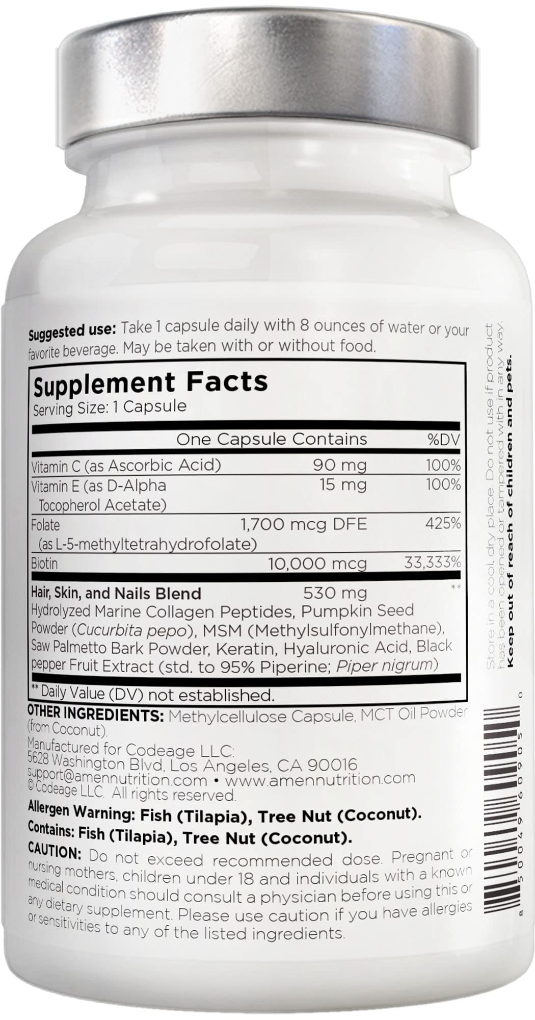 Amen Biotin Collagen Vitamins+ 10,000 mcg Biotin Supplement - Hydrolyzed Collagen, Vitamins C & E, Folate, Hyaluronic Acid, Keratin, MSM, Saw Palmetto - 3-Month Supply - Non-GMO - 90 Capsules