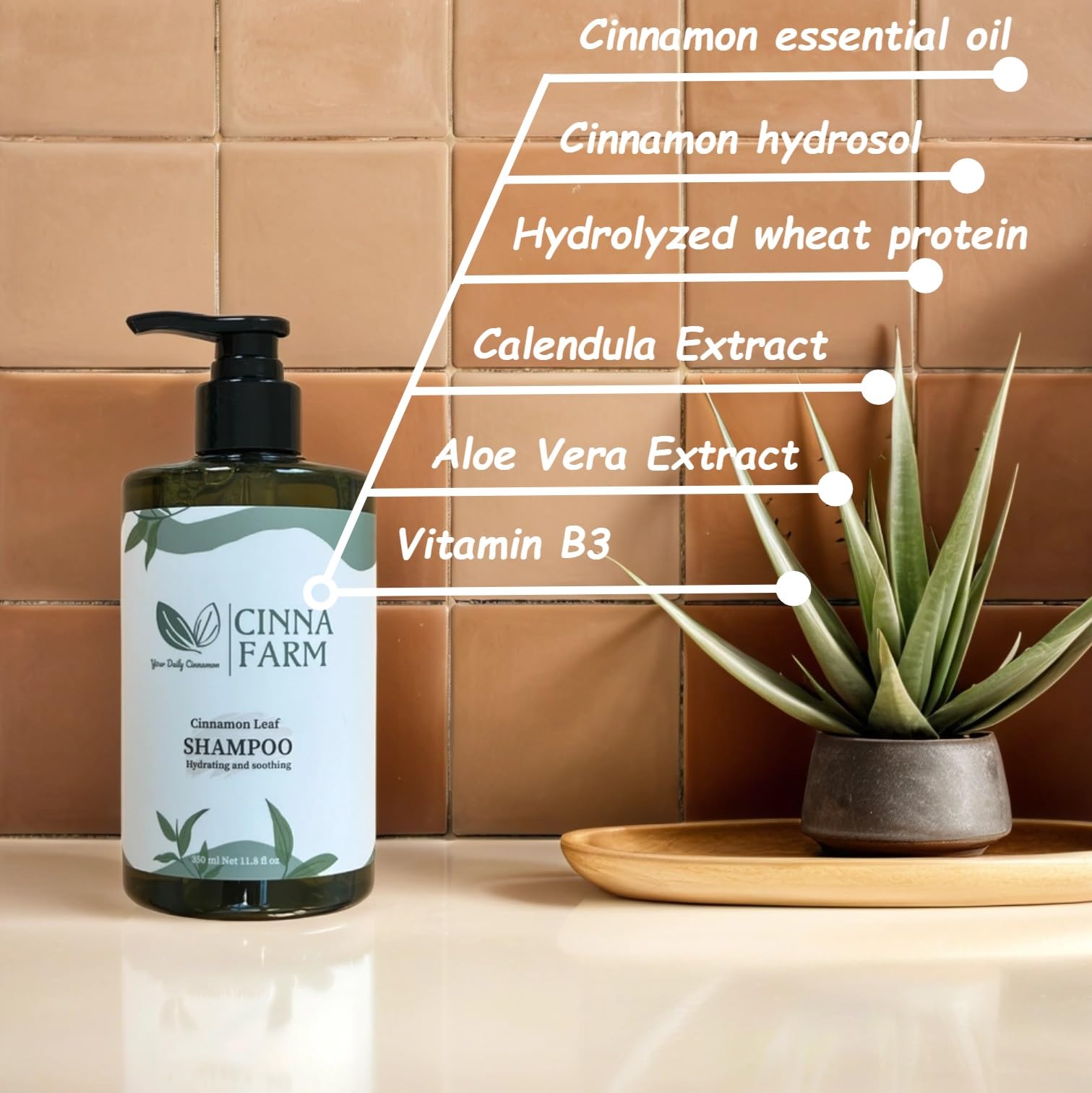 CinnaFarm Shampoo, from Cinnamon leaves extraction, Hydrating and soothing, no artificial fragrance, fulfates and silicones free, natural ingredients, color safe