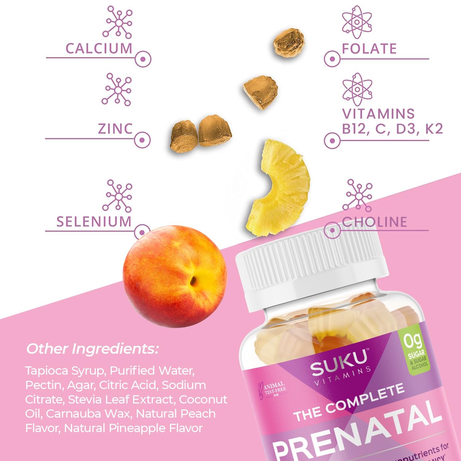 SUKU Vitamins - Complete Prenatal - Enriched with Calcium, Vitamin K2, Vitamin B12 and More Gummies - Easy to Chew - Non GMO, Gluten Sugar Free - Pineapple Peach Flavored Gummy Vitamins, 60 Count