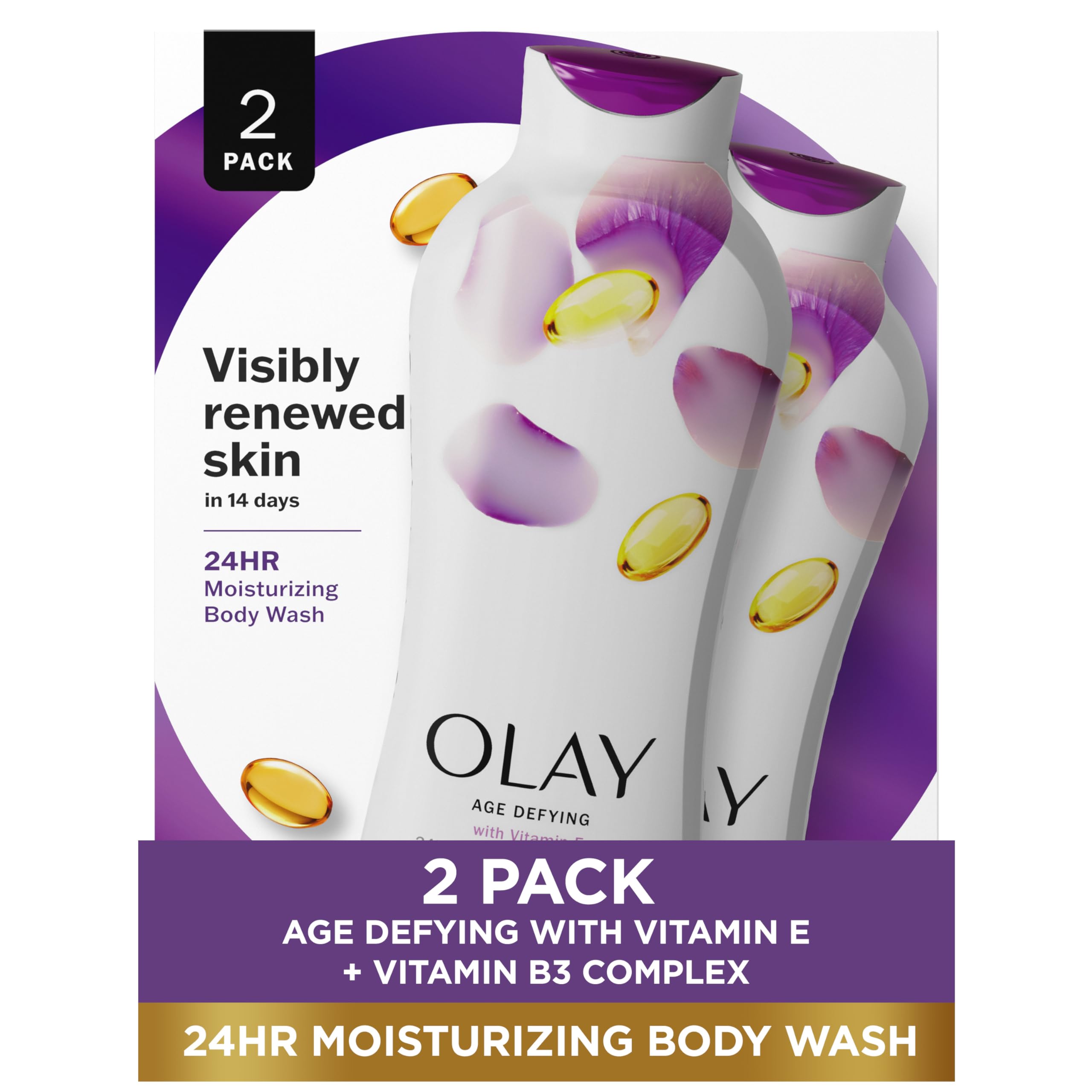 Olay Body Wash Age Defying with Vitamin E & B3 Complex, 24hr Moisturizing Formula, Promotes Visibly Smooth Skin, Ideal for Daily Use, 22 fl oz, (Pack of 2)