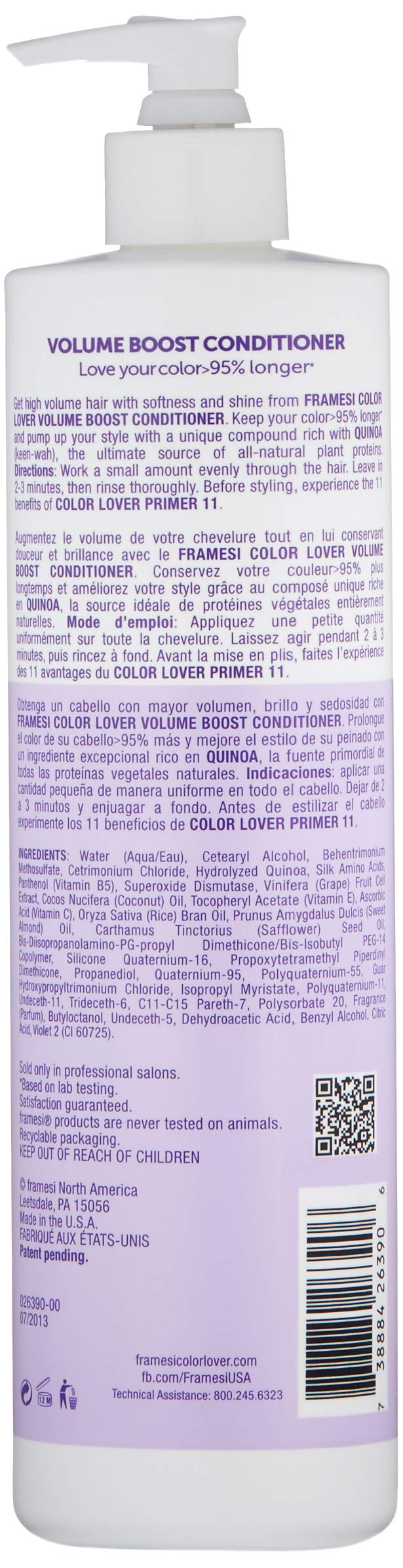 Framesi Color Lover Volume Boost Conditioner, 16.9 fl oz, Sulfate Free Volumizing Conditioner with Quinoa and Coconut Oil, Color Treated Hair