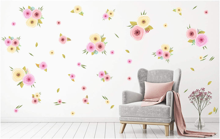 PapaKit Large Hand Painted Spring Flowers Wall Decal Mural (Watercolor Floral Design 72 Pcs) Baby Girl Nursery Child Kid Teen Room Home Decor | Creative Art Pattern | Wedding Bridal Shower Party Event